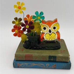Vintage MCM Lucite Acrylic Colorful Owl and Flower Figurine Retro